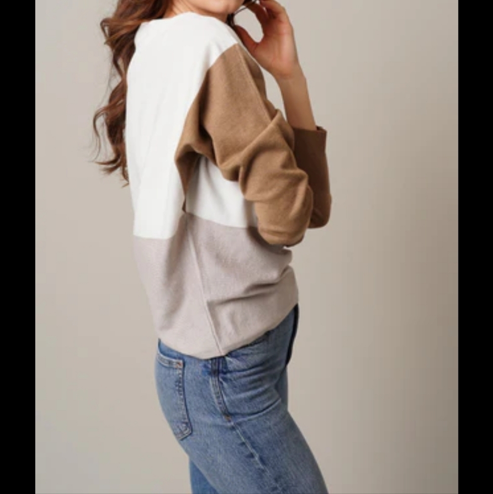 Cyrus Color Block Knit Sweater Top Long Sleeve Womens Size L Neutral Relaxed Fit